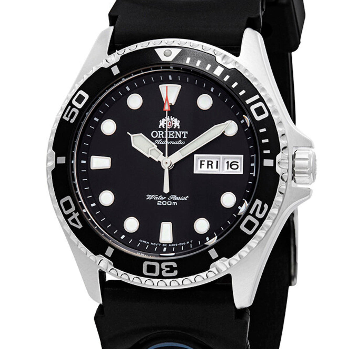 Black dial automatic watch with black rubber strap, silver case, and Fri 16 date window