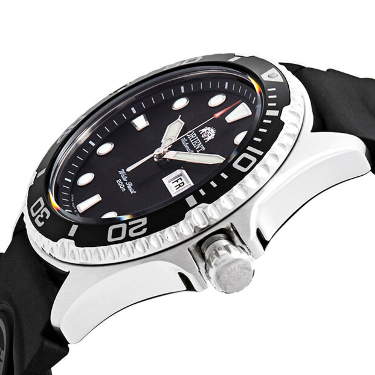 Angled view of black watch dial with rotating bezel and black rubber strap