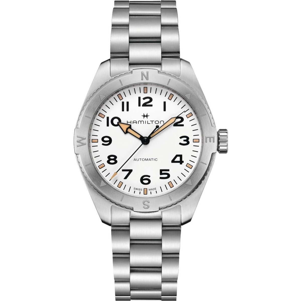 Hamilton Khaki Field 41mm Expedition white sand-blasted dial steel bracelet automatic watch H70315110 front view 