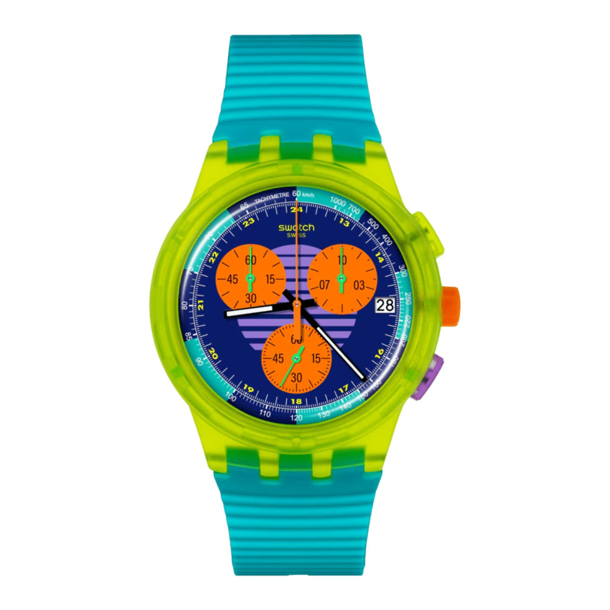 Turquoise and neon green silicone chronograph watch with multicolor dial and orange pushers