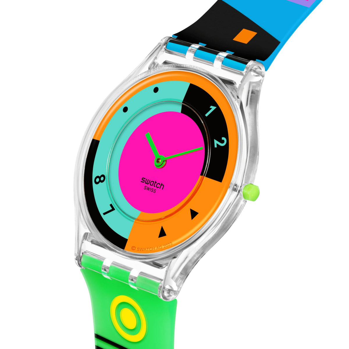 Swatch neon round dial watch with transparent silicone strap and clear bezel, angled view