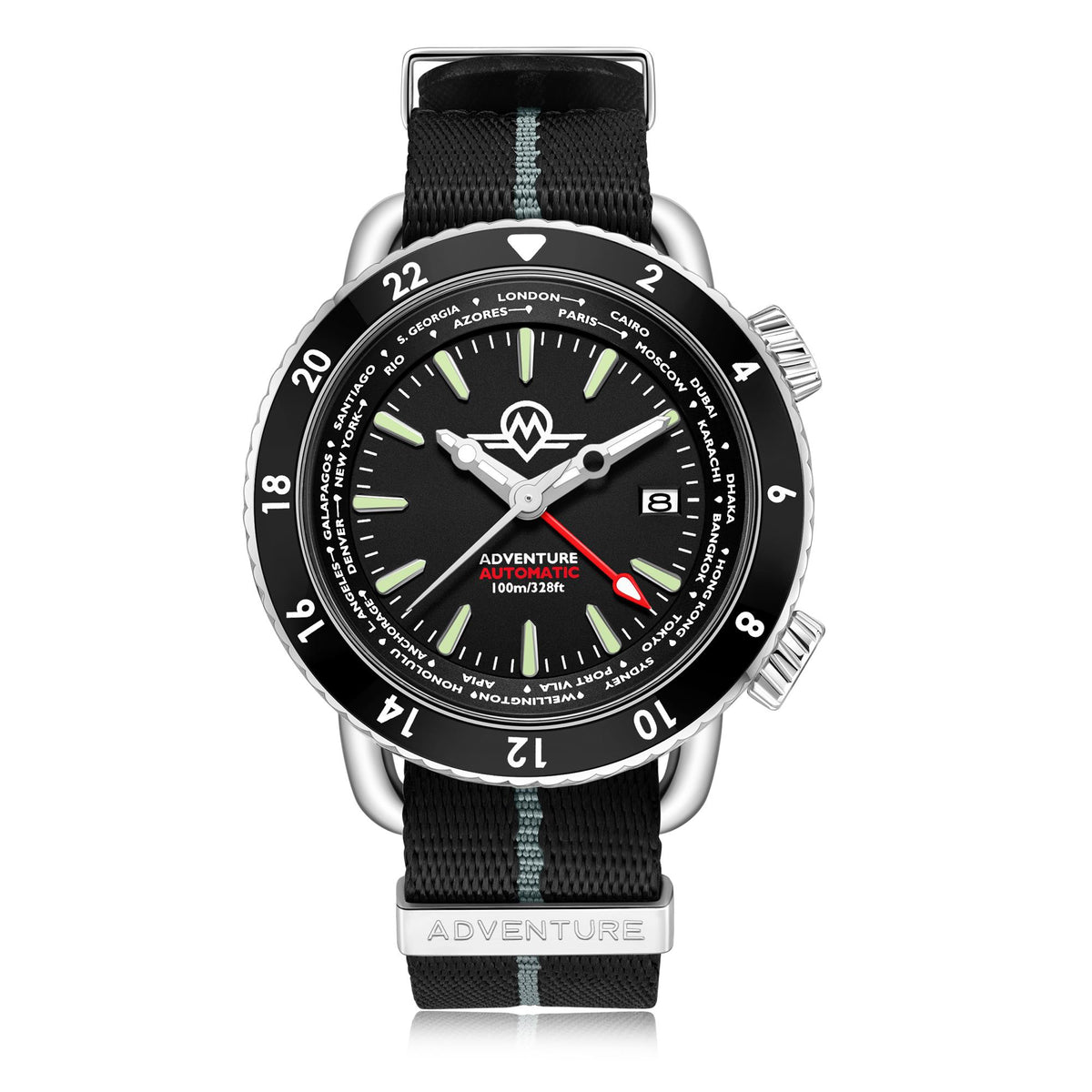 Men's automatic watch with black dial, green glow hands, red seconds, black fabric strap