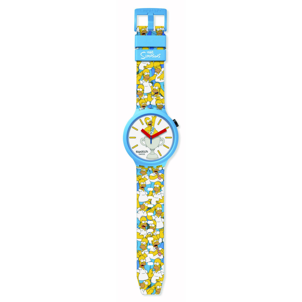 Light blue Swatch silicone watch with white dial and colorful cartoon strap, front view