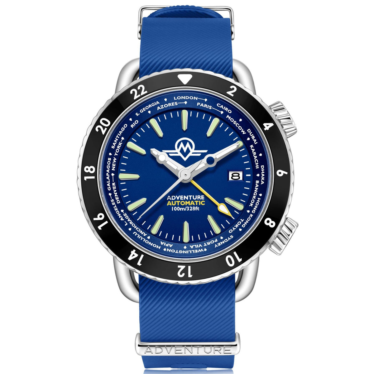 Men's automatic dive watch with deep blue dial, blue fabric strap, metal bezel and crown