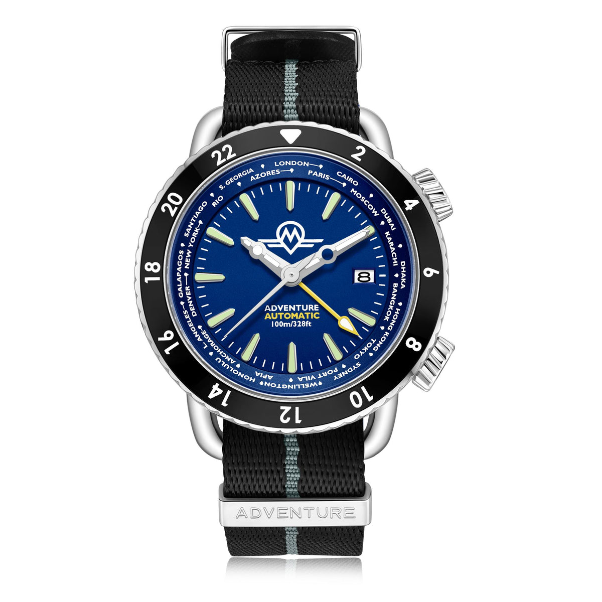 Men's automatic dive watch with blue dial, black fabric strap, silver bezel and crown