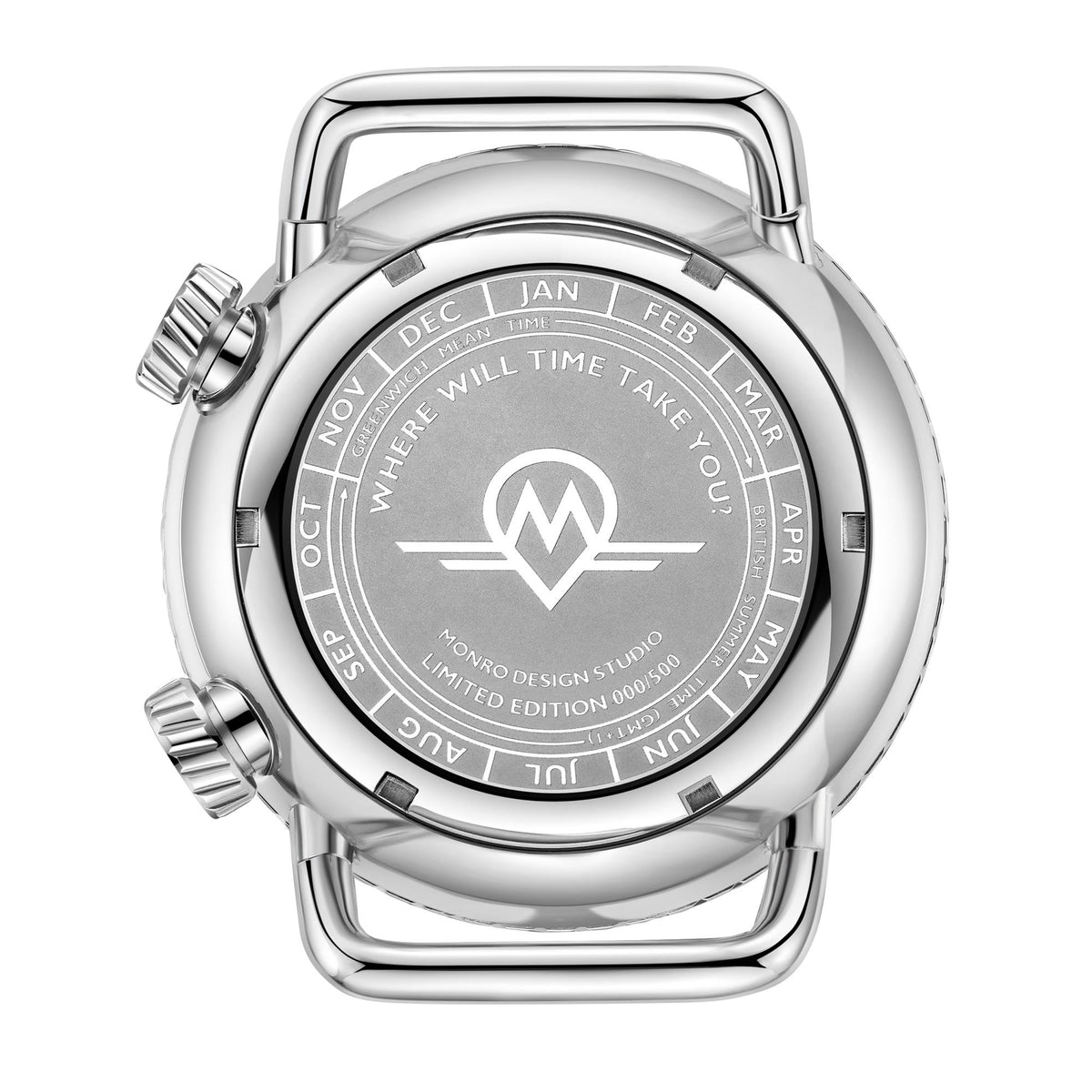 Stainless steel watch caseback with engraved months text and centered logo
