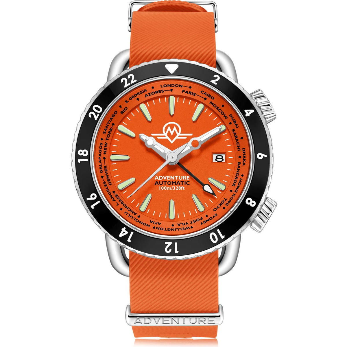 Orange dial adventure-style men’s automatic watch with black bezel and orange strap.