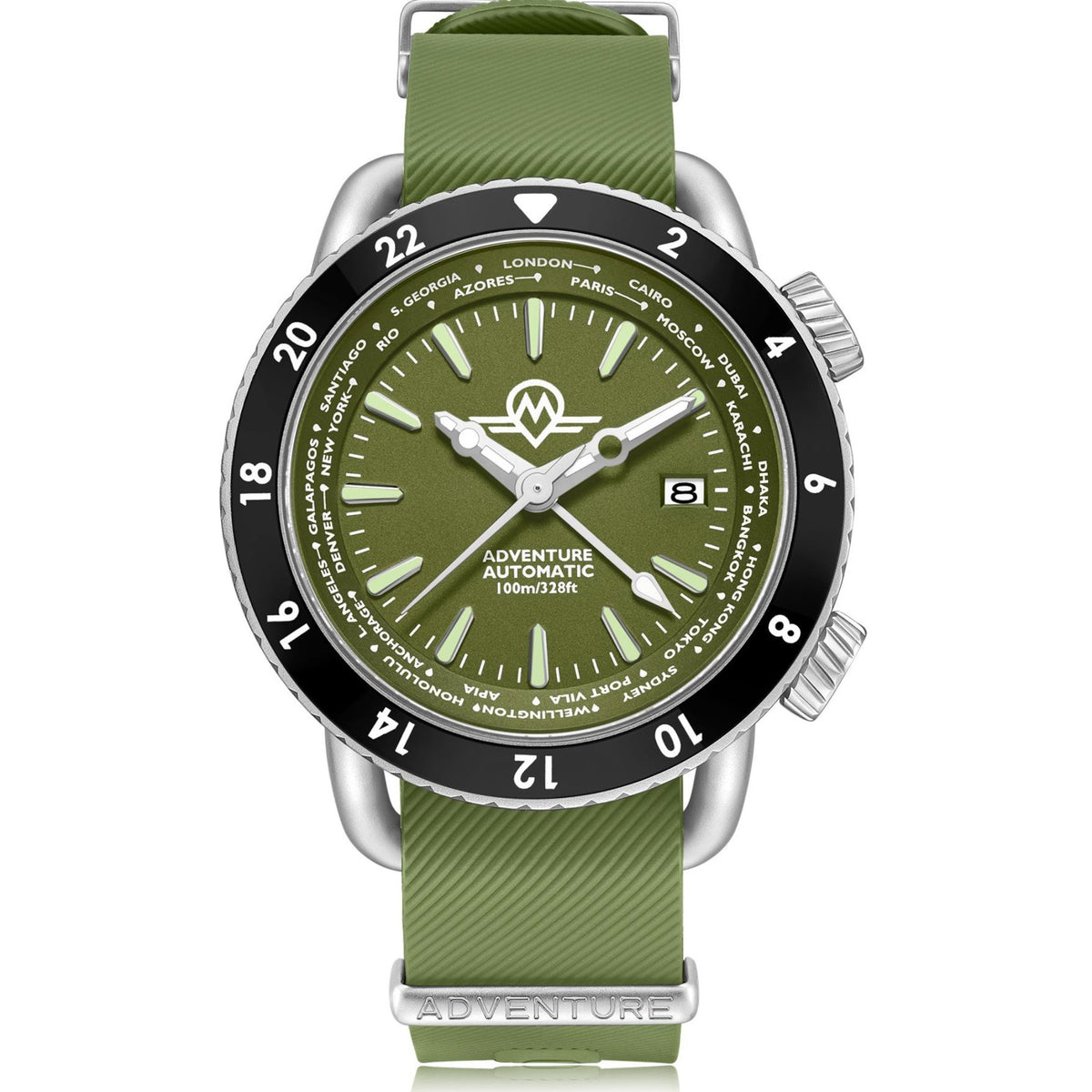 Monro Adventure Automatic Woodland Green dial world timer watch MA-4 front view
