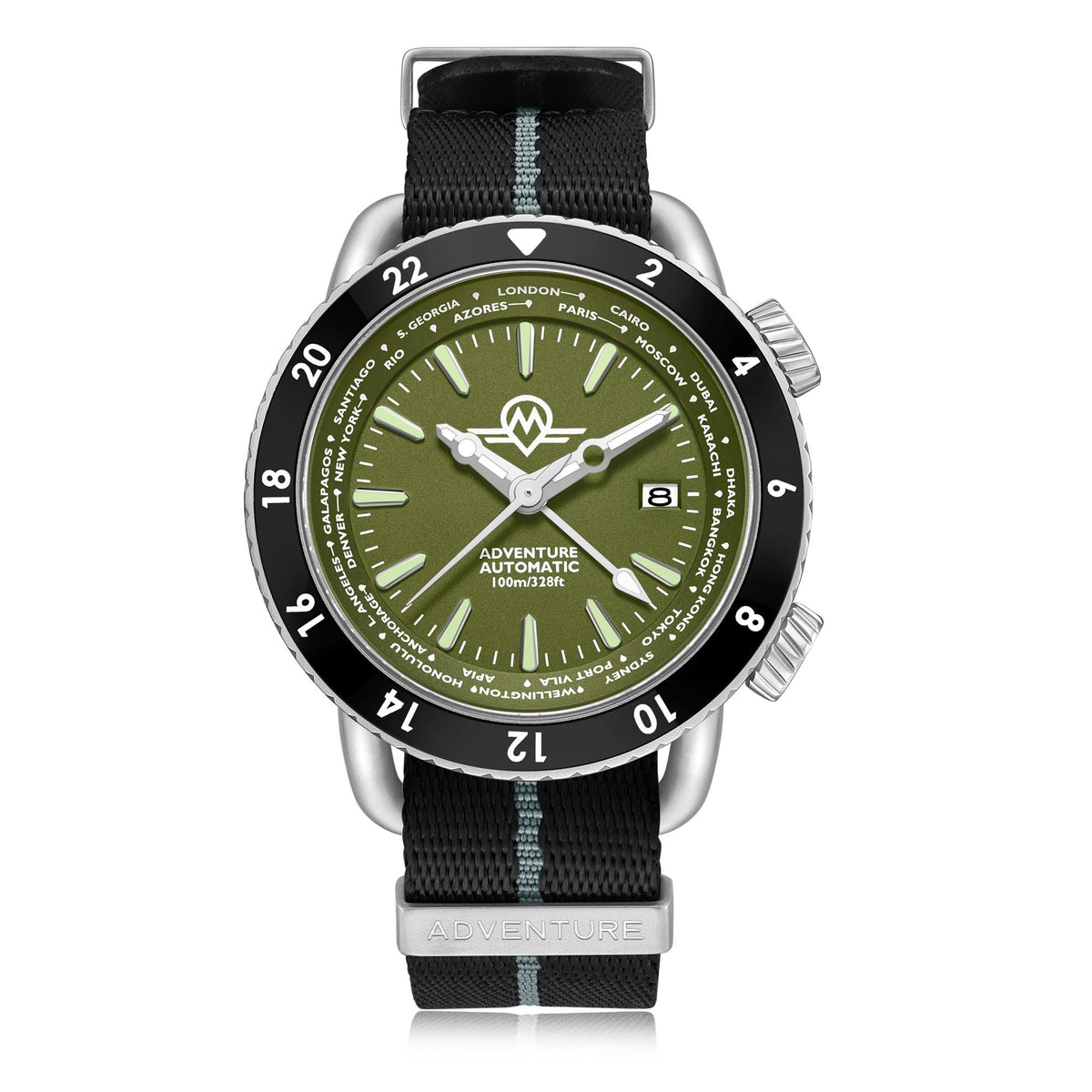 Monro Adventure Automatic Woodland Green dial watch with black and grey striped fabric strap front view
