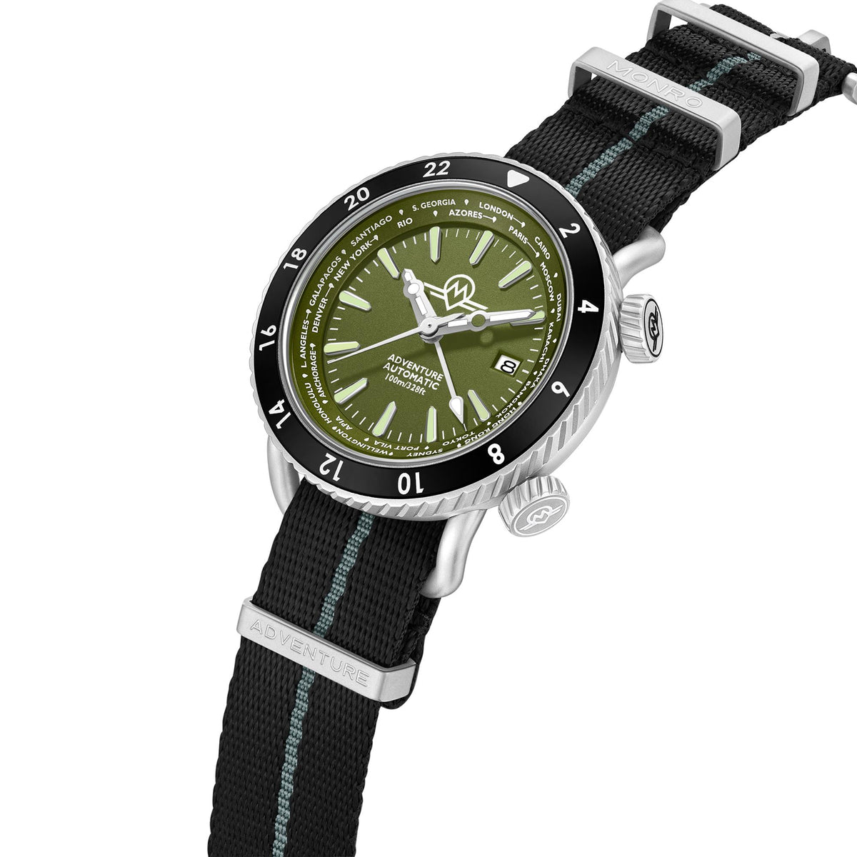 Monro Adventure MA-4 watch with striped fabric strap, dual crowns, and world time bezel angled view