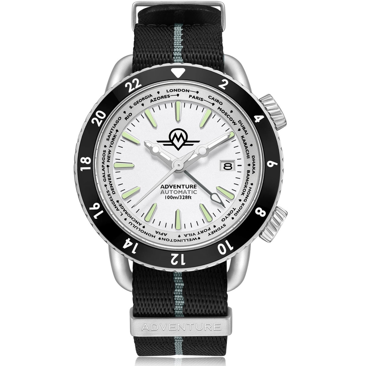 Men's automatic watch with white dial, black bezel, and black fabric strap with green stripe