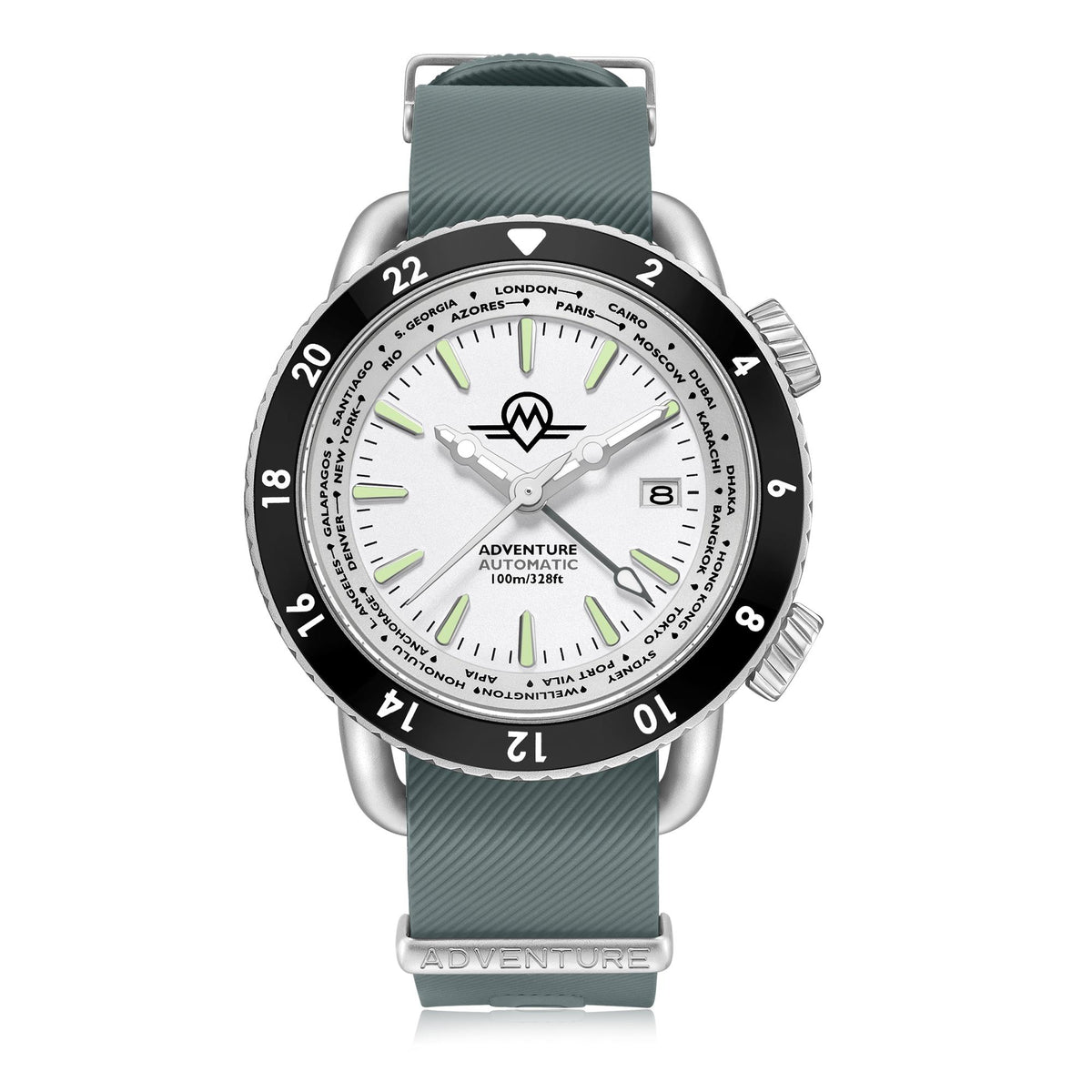Men's automatic watch with white dial, black bezel, and dark green fabric strap