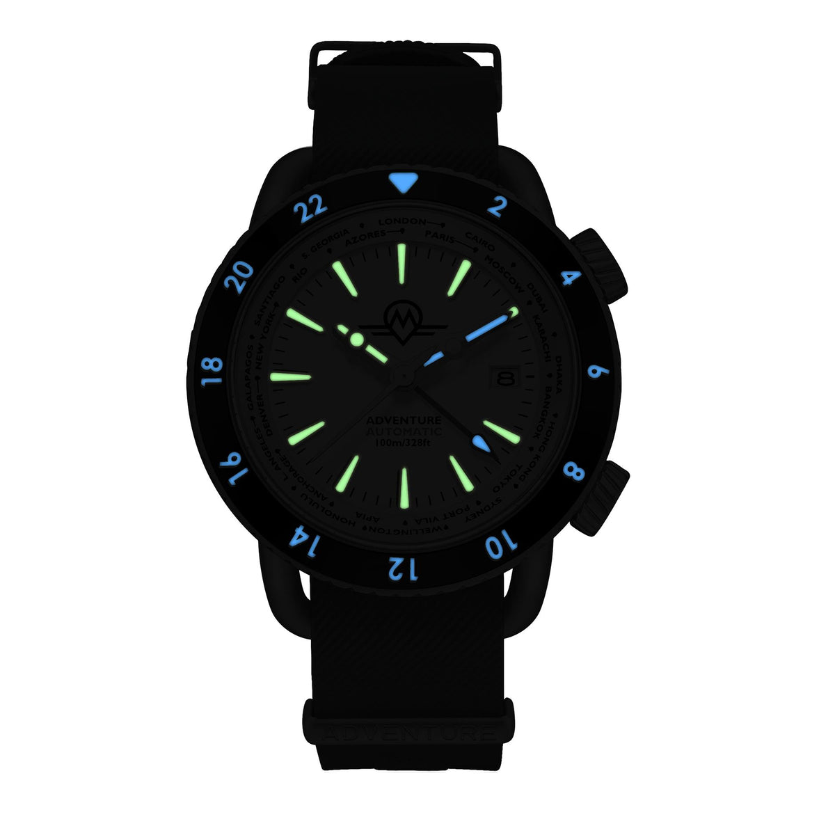 Men's automatic watch with black dial and glowing green-blue hands, black fabric strap