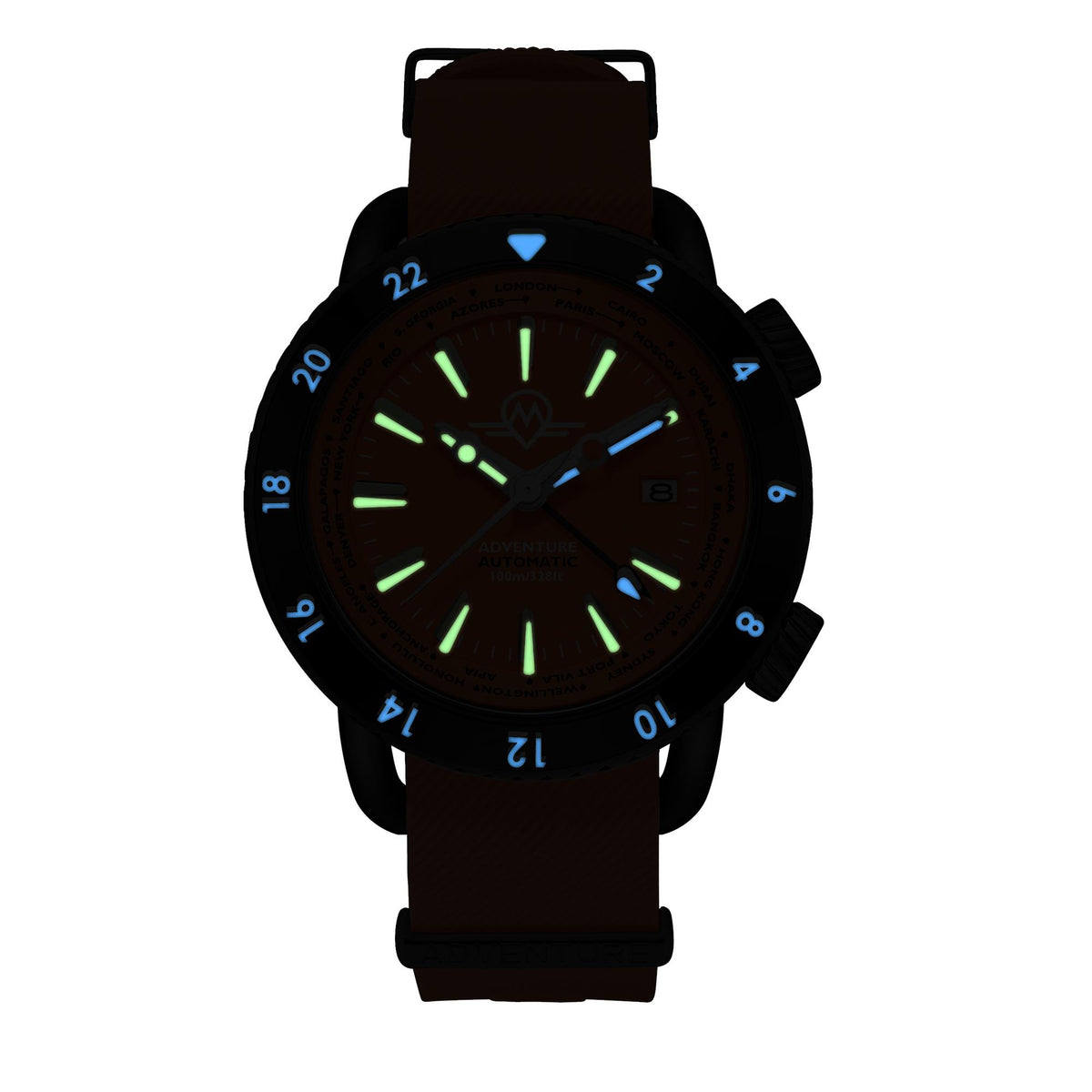 Monro Adventure Night Fire MA-7 luminous dial, hands, and bezel glowing in the dark front view