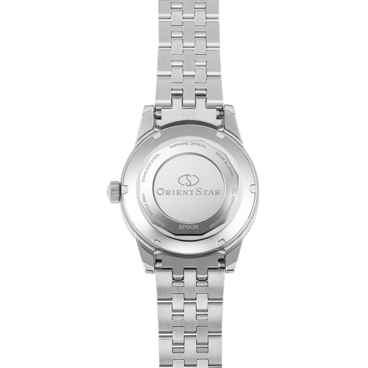 Men's automatic diver watch caseback view, silver back and steel link bracelet