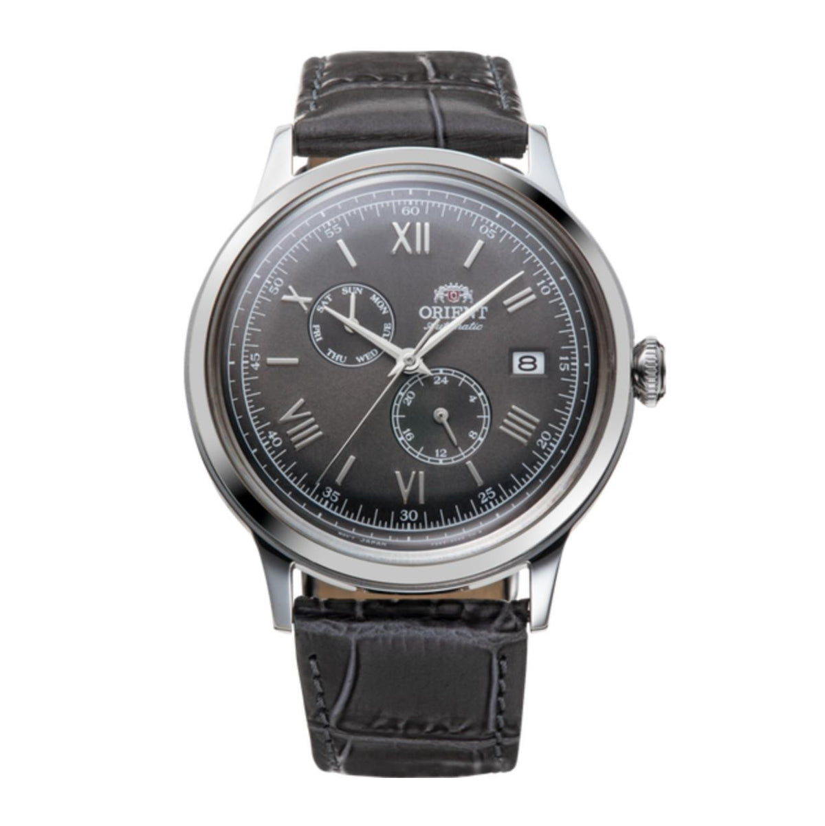 Mens automatic watch with dark grey dial, Roman numerals, black leather strap