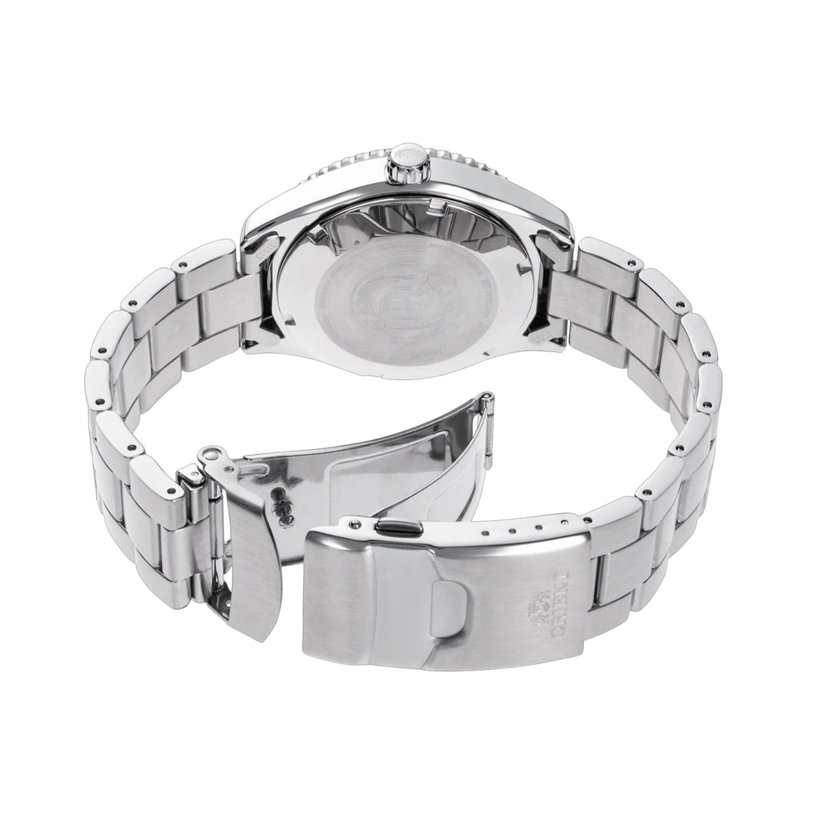 Men's Orient automatic watch with stainless bracelet and open caseback view.