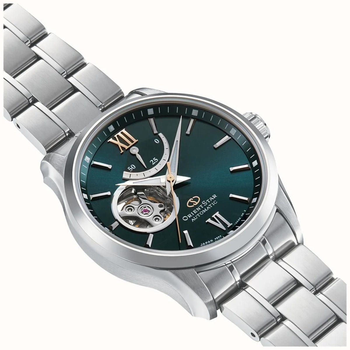 Stainless steel automatic watch, green dial with skeleton movement and power reserve subdial