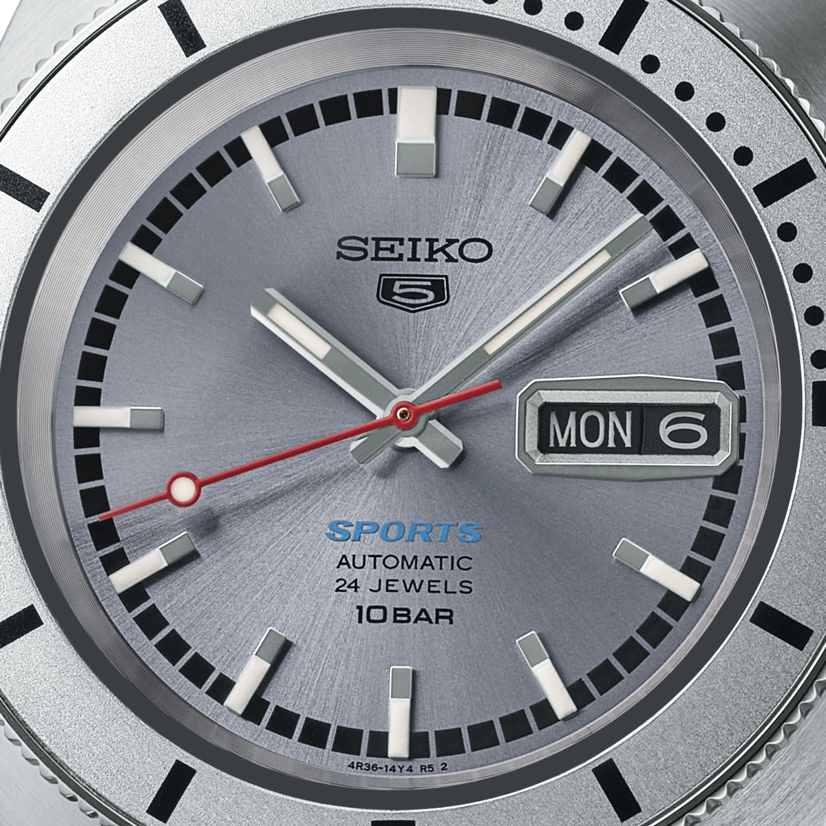 Seiko 5 Sports 'Ash Blue' 1968 Recreation Limited Edition SPRL03K1 day date window and red seconds hand