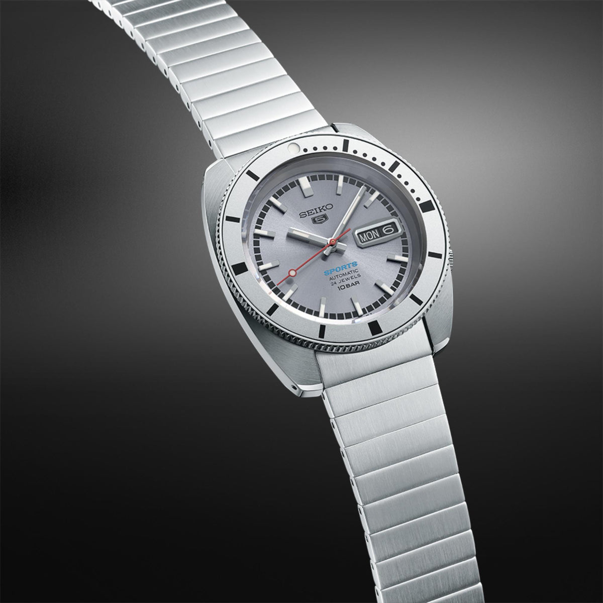 Seiko 5 Sports 'Ash Blue' 1968 Recreation Limited Edition SPRL03K1 full watch angled perspective