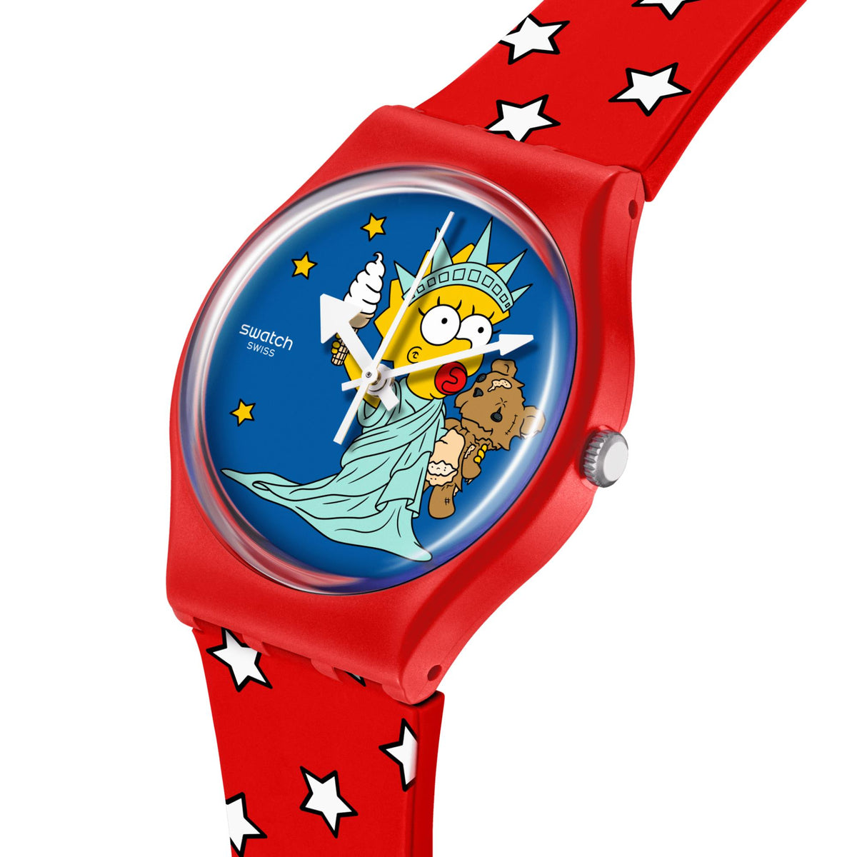 Swatch Little Lady Liberty watch with red star-pattern silicone strap and blue cartoon dial