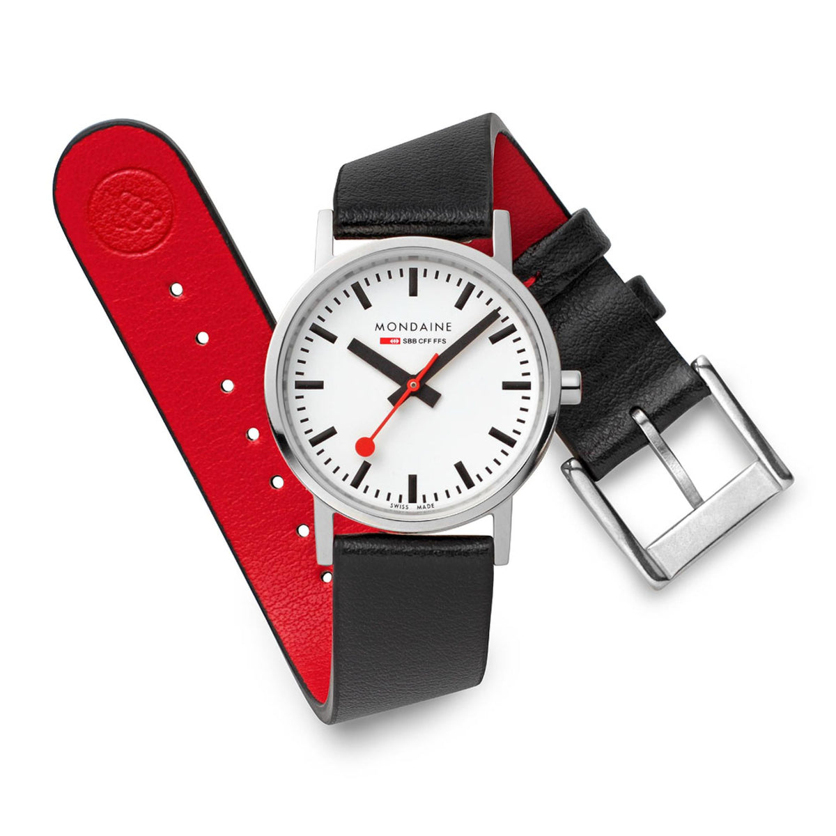 Mondaine Classic A658.30323.11SBBV minimalist watch flat lay showcasing red inner strap and silver pin buckle