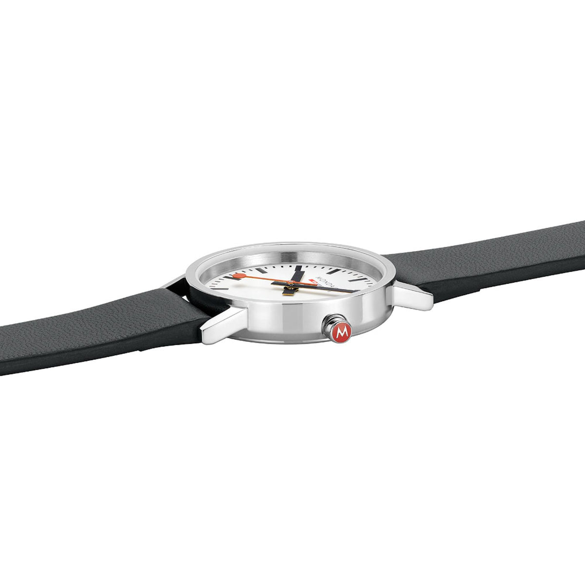 Mondaine Classic A658.30323.11SBBV Swiss-made watch side profile highlighting silver case and red 'M' crown