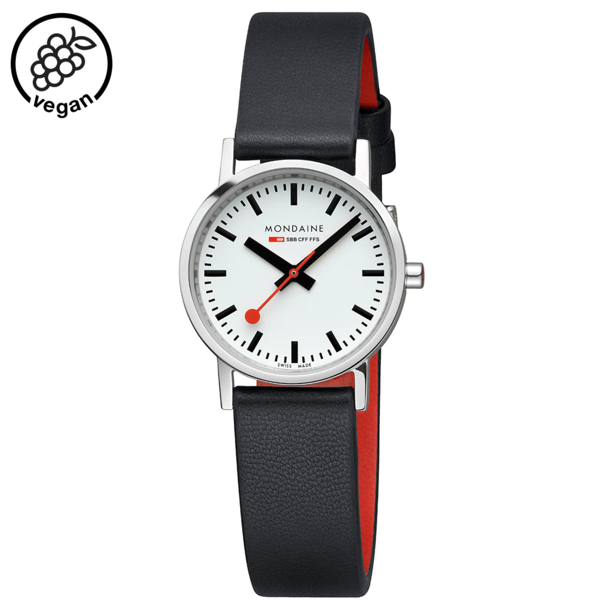 Mondaine Classic A658.30323.11SBBV casual timepiece view with a vegan logo graphic overlay