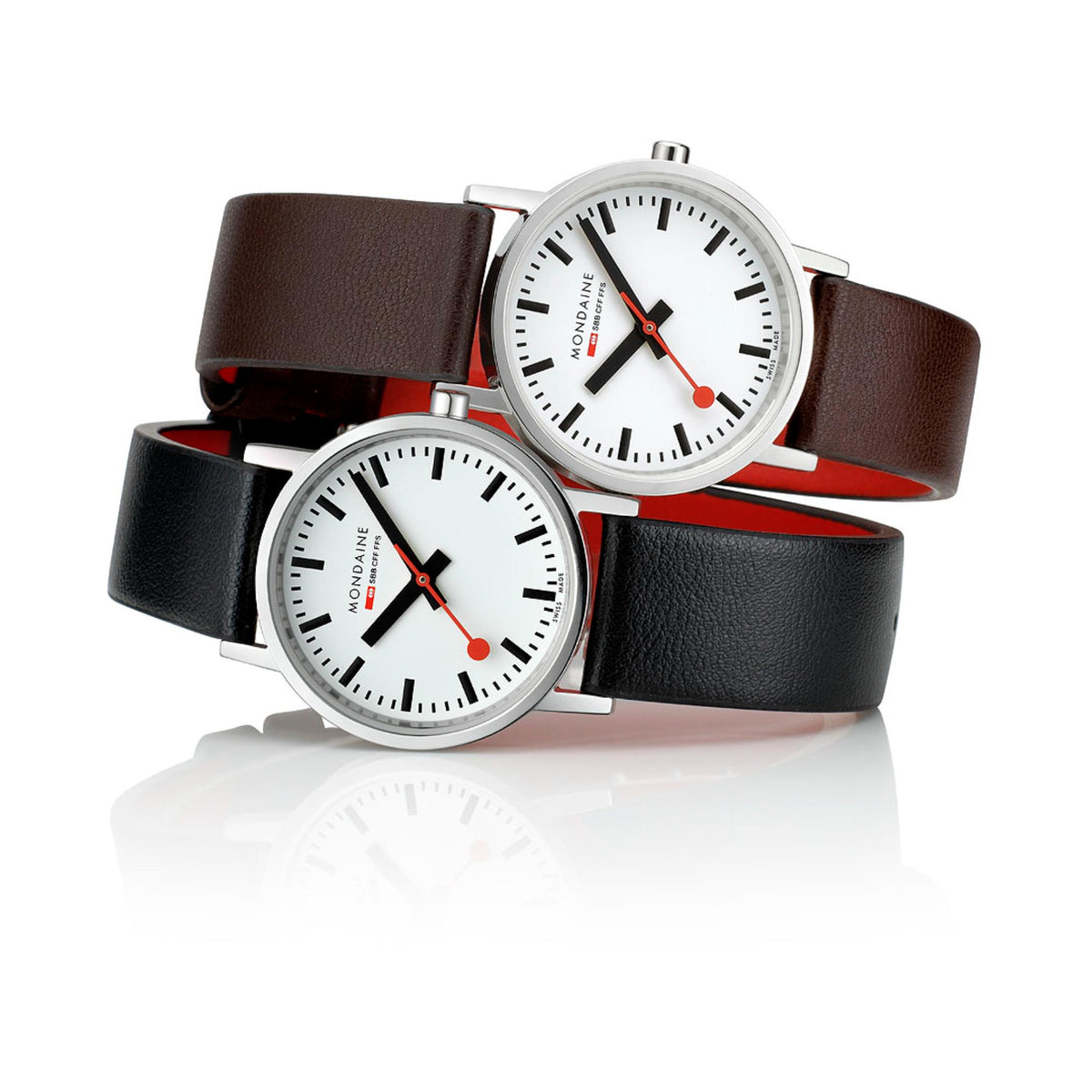 Mondaine Classic A658.30323.11SBBV analog wristwatches displayed as a set, showing brown and black leather bands