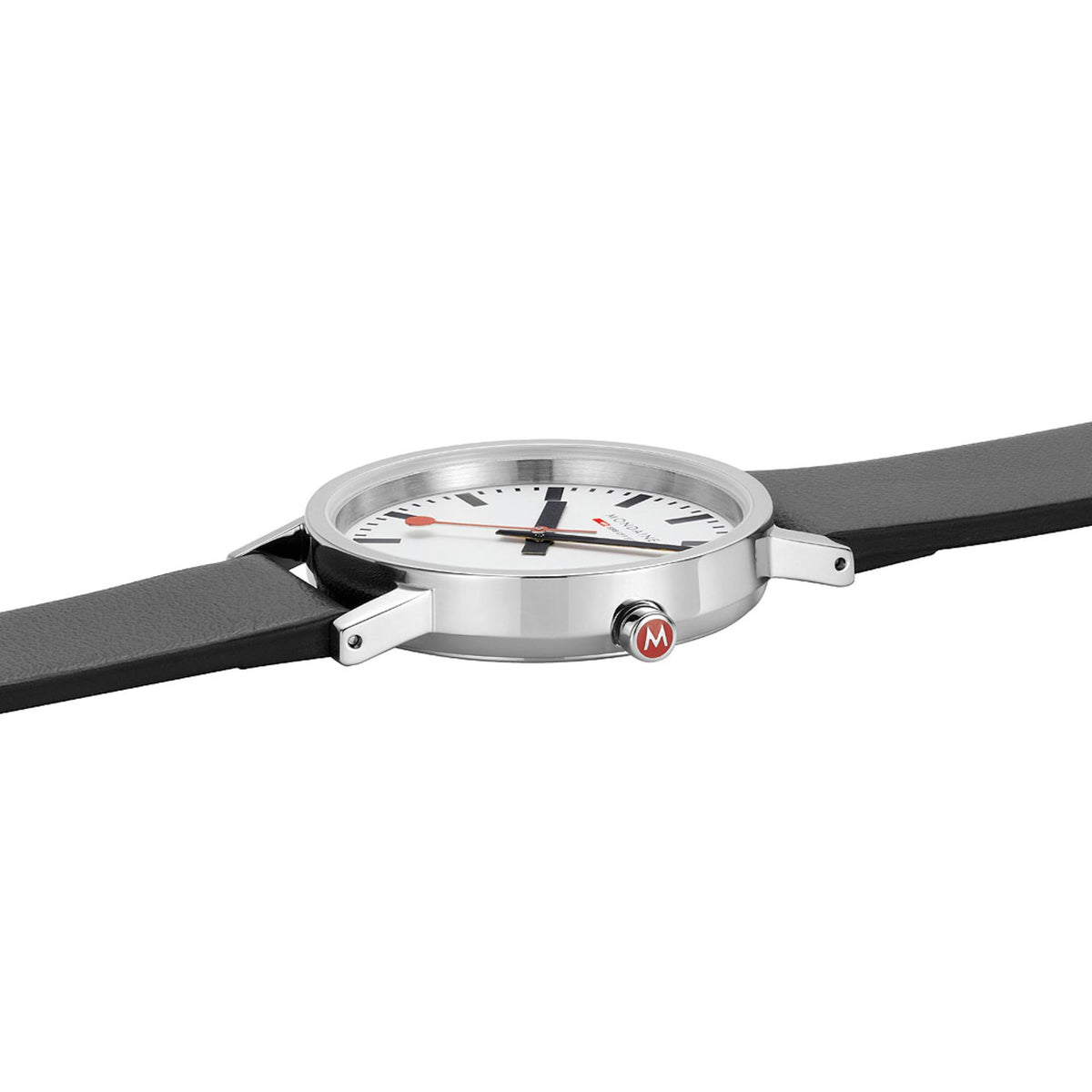 Quartz watch close-up with silver case, white dial, and black leather strap
