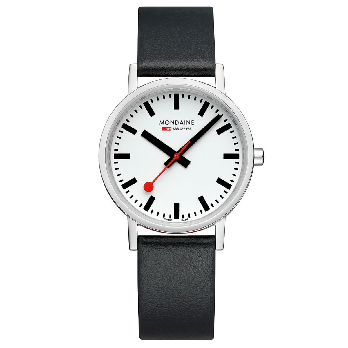Mondaine Classic watch with white dial, red seconds hand, and black leather strap