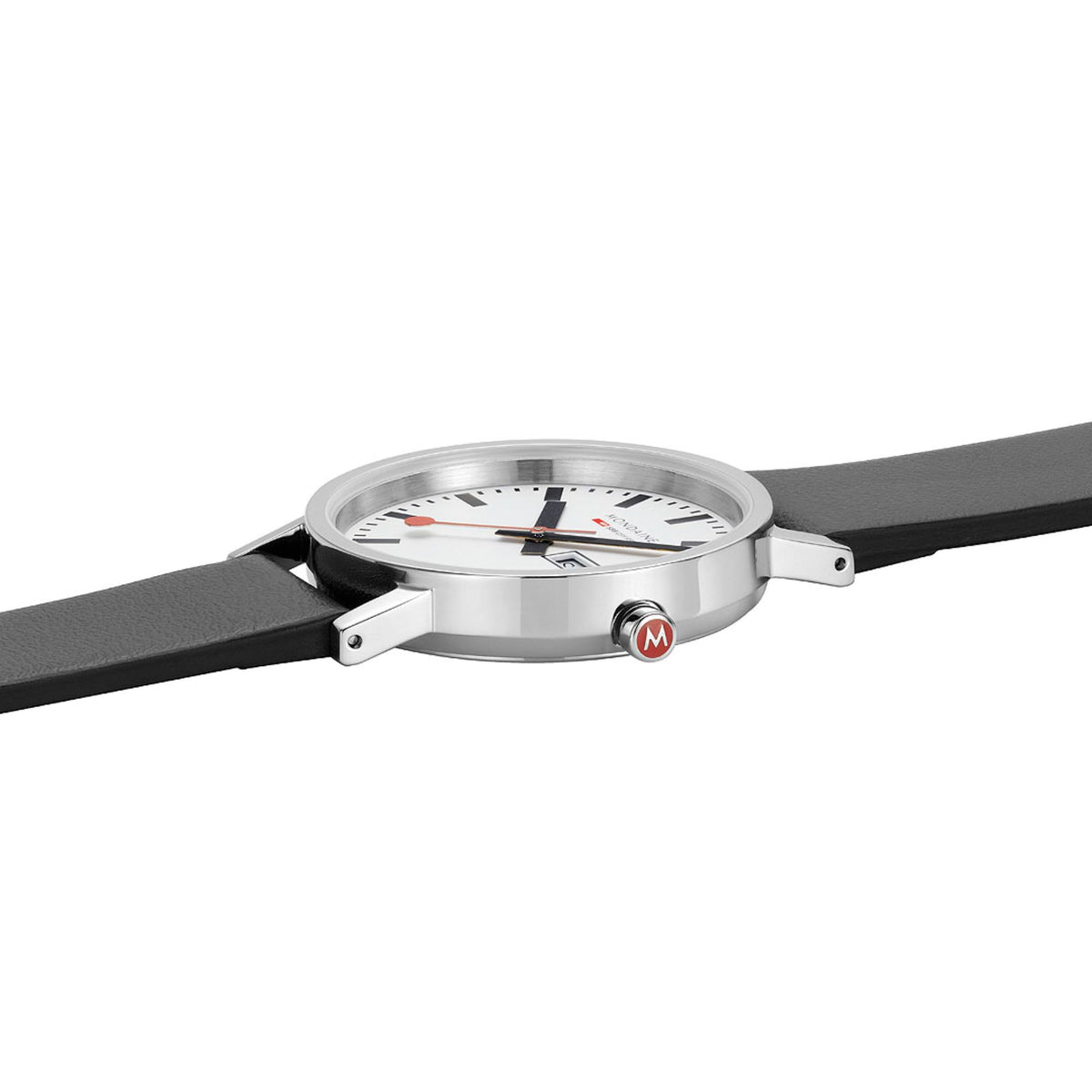 Mondaine Classic A667.30314.11SBBV side perspective view showing the sleek stainless steel case profile, crown with red logo accent, and black strap