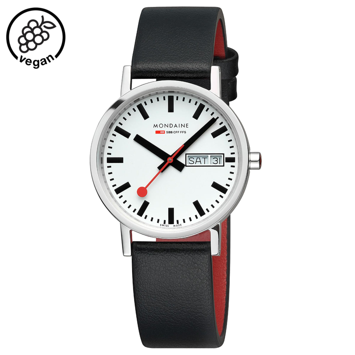 Mondaine Classic A667.30314.11SBBV with a vegan logo badge, highlighting the black strap and red-lined underside
