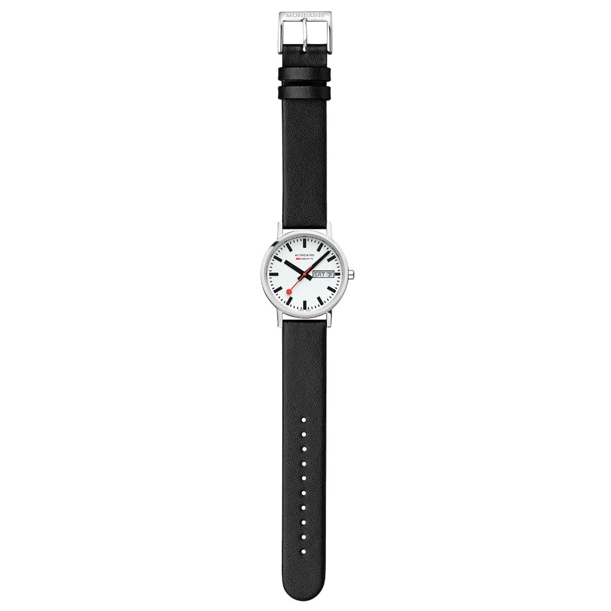 Mondaine Classic A667.30314.11SBBV showing the watch fully extended with its black strap, buckle, and clean design