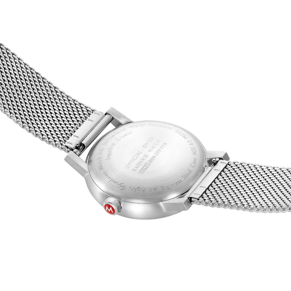 Mondaine Evo2 MSE.43110.SJ dress watch back view displaying a solid stainless steel case back and quick-release pins