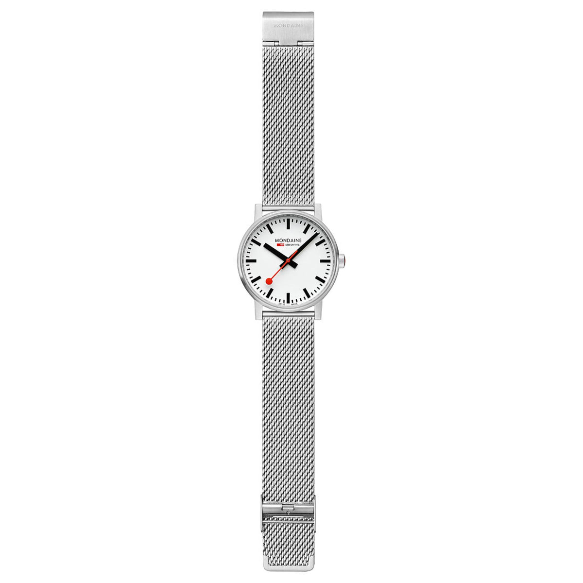 Mondaine Evo2 MSE.43110.SJ Swiss-made watch, full-length view with extended stainless steel mesh bracelet