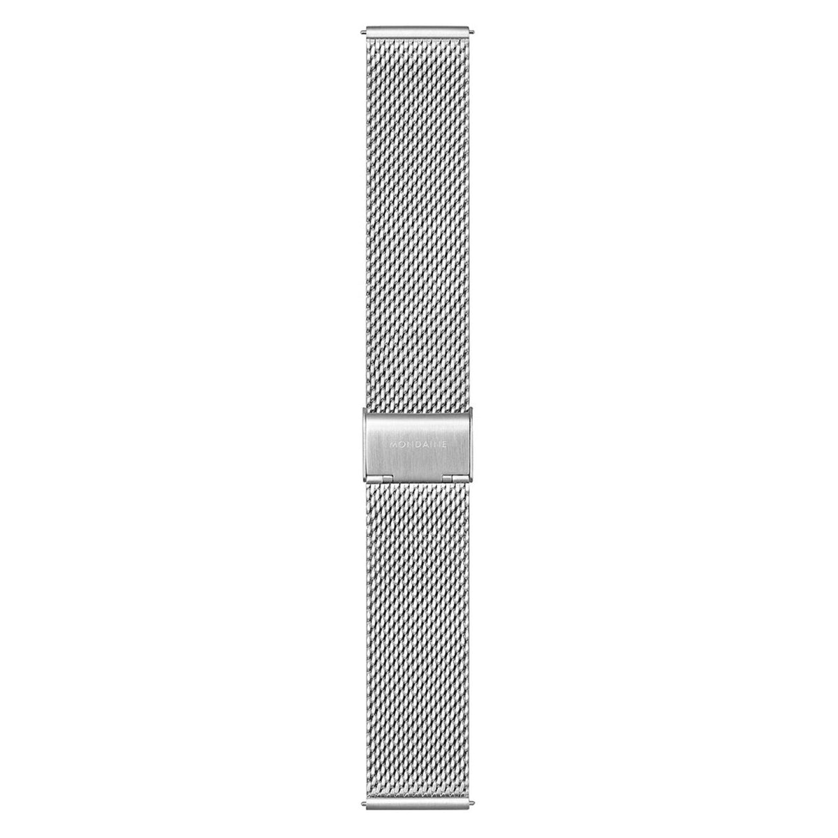 Mondaine Evo2 MSE.43110.SJ replacement mesh watch band featuring an engraved Mondaine logo on the sliding clasp