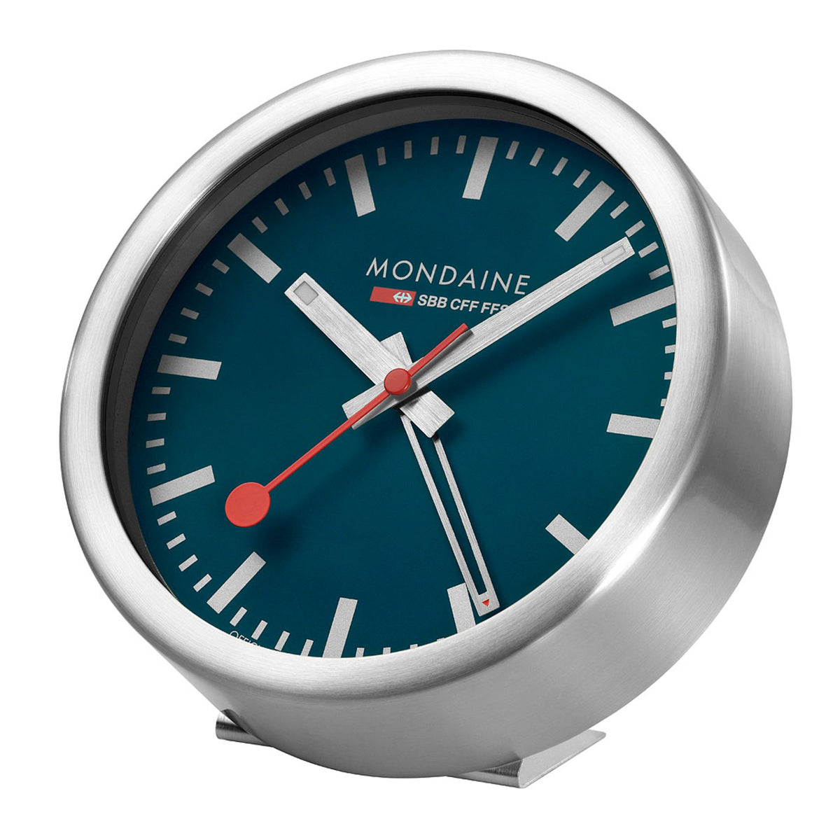 Silver table alarm clock with deep blue dial, baton markers, and red second hand