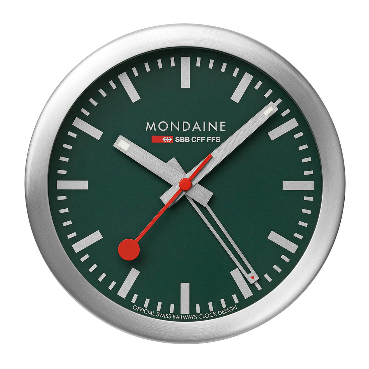Green dial alarm clock with silver case, red sweeping second hand, and raised hour markers