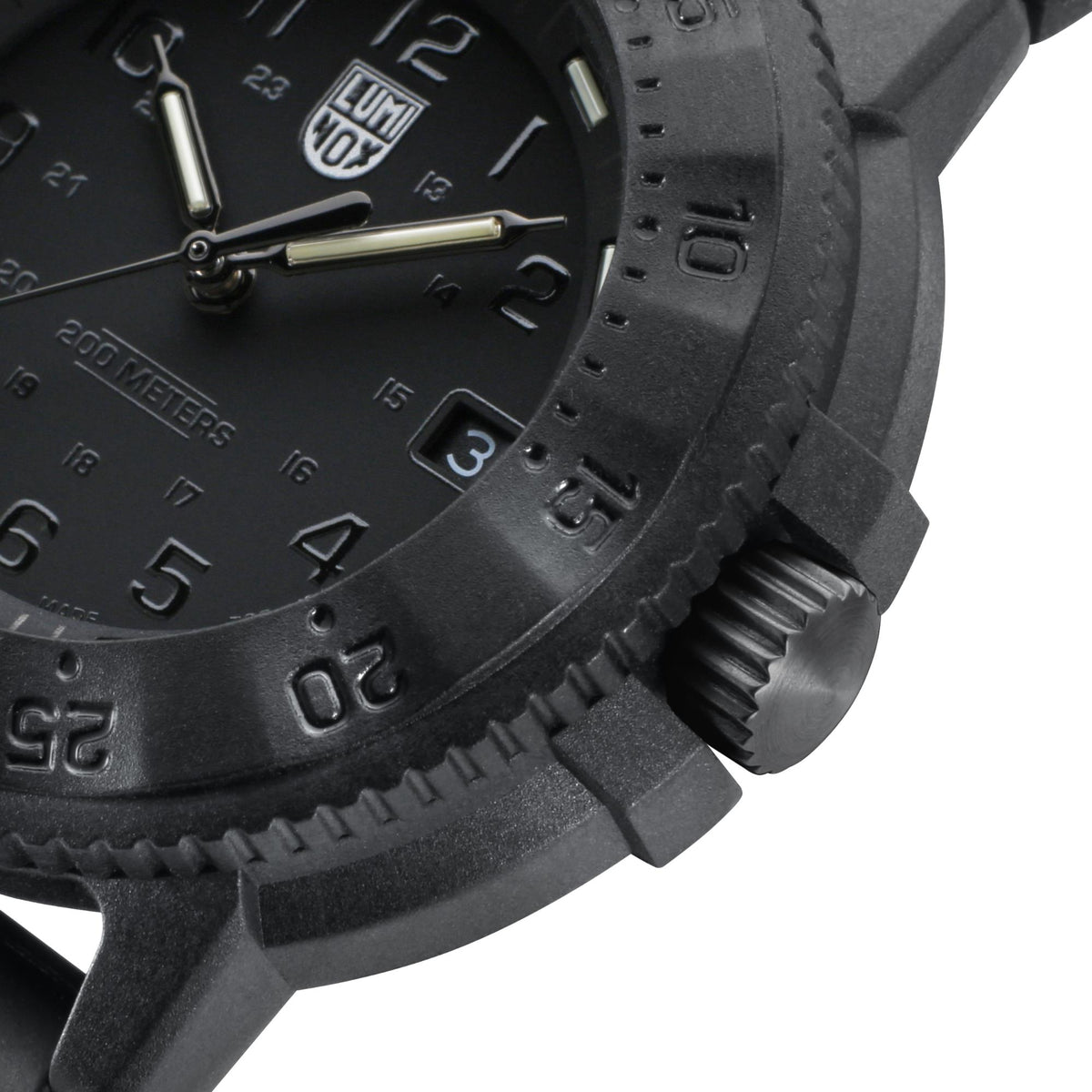 Angled detail of the textured bezel and textured crown on the Luminox Navy SEAL 3000 Series XS.3001.EVO.BO.S timepiece