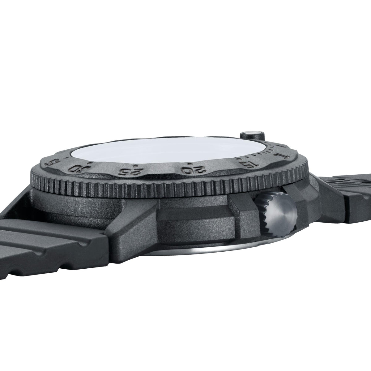 Side profile showing the slim case and ribbed strap of the Luminox Navy SEAL 3000 Series XS.3001.EVO.BO.S dive watch