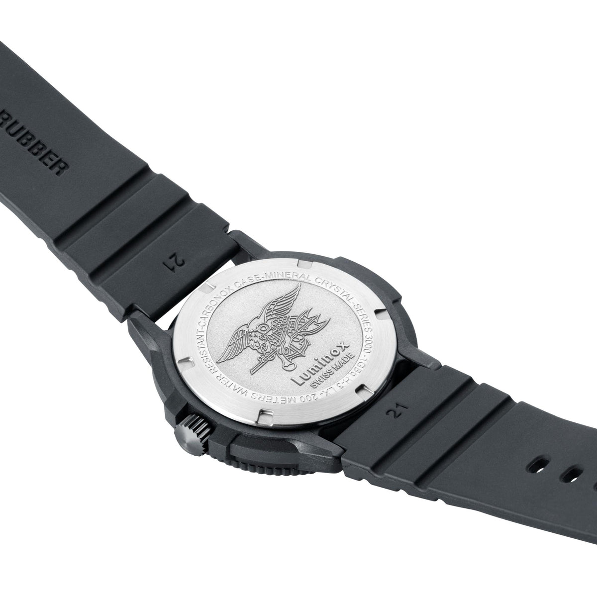 Engraved stainless steel caseback featuring the Navy SEAL trident insignia on the Luminox Navy SEAL 3000 Series XS.3001.EVO.BO.S