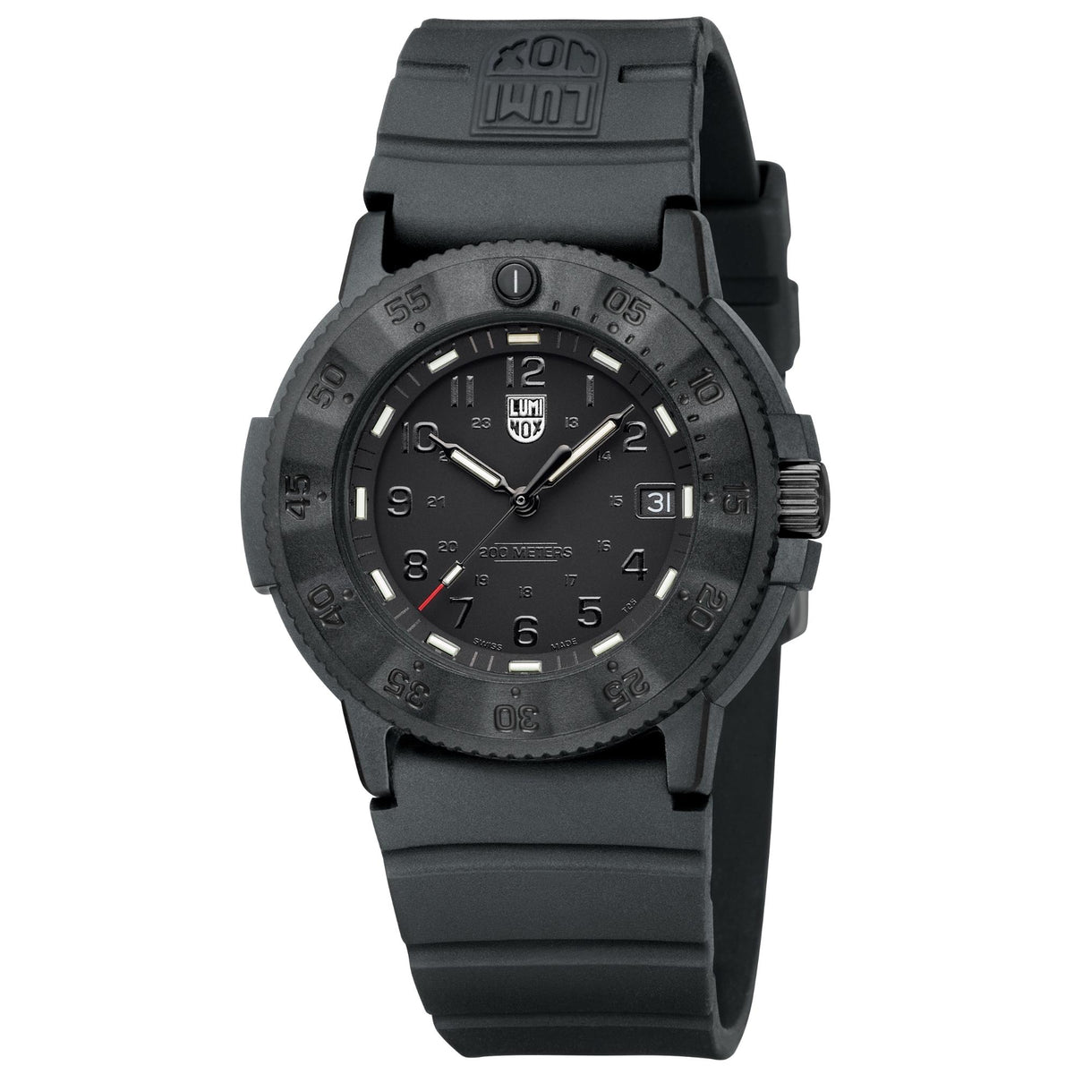 Three-quarter studio view of the stealth black Luminox Navy SEAL 3000 Series XS.3001.EVO.BO.S sports watch