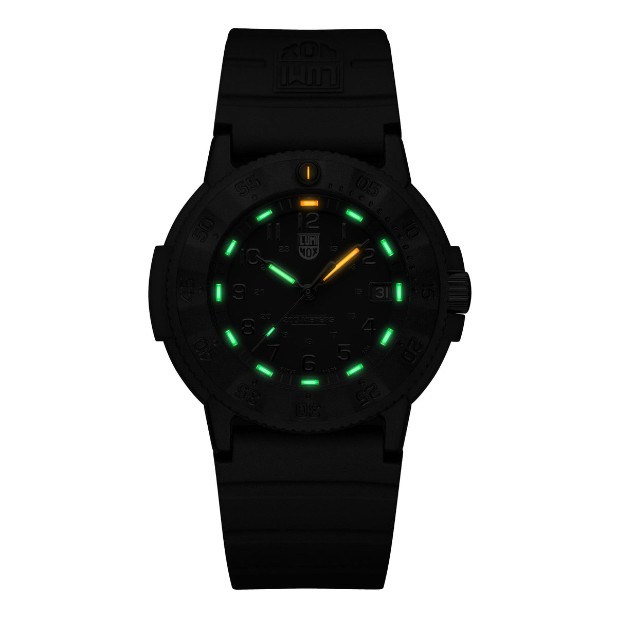 Luminox Navy SEAL 3000 Series XS.3001.EVO.BO.S night view showcasing the self-powered illuminated watch face markers