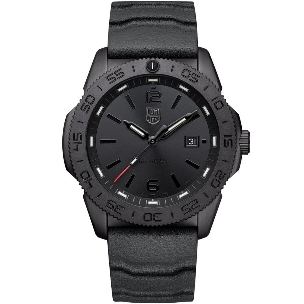 Men's dive watch with black dial, date window, and black rubber strap