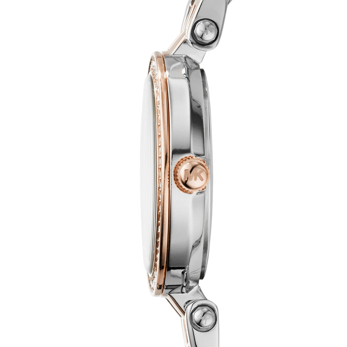 Two-tone stainless steel watch with crown side and rose-gold edge, metal link bracelet