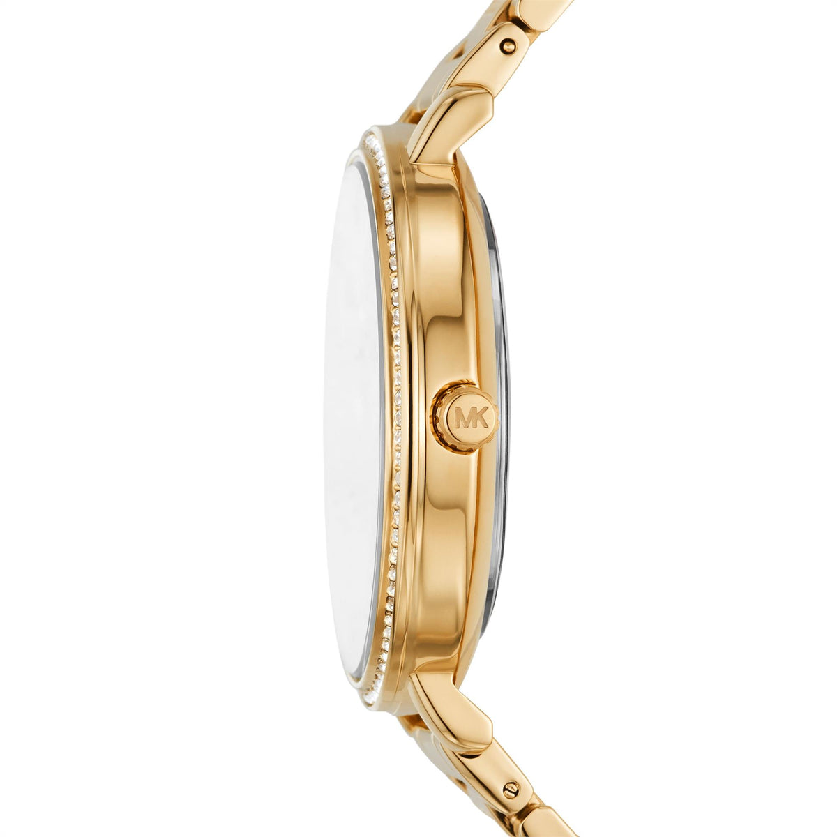 Michael Kors Pyper gold-tone watch case and bracelet side view with rhinestone bezel