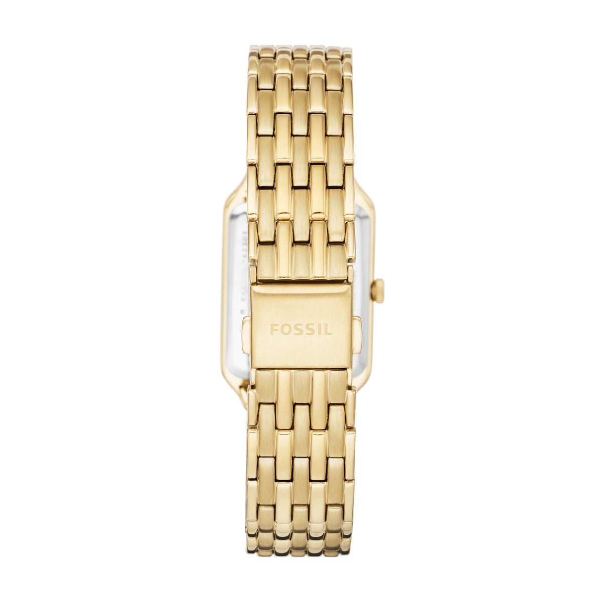 Rear view of the gold-tone stainless steel bracelet and folding clasp on the Fossil Raquel ES5220 quartz watch