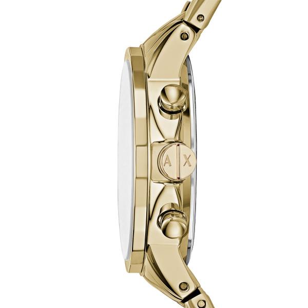 Gold-tone chronograph watch case with steel bracelet, side view of crowns and pushers