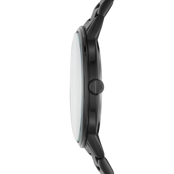 Armani Exchange Cayde AX2701 side profile view showing slim black steel case and branded crown